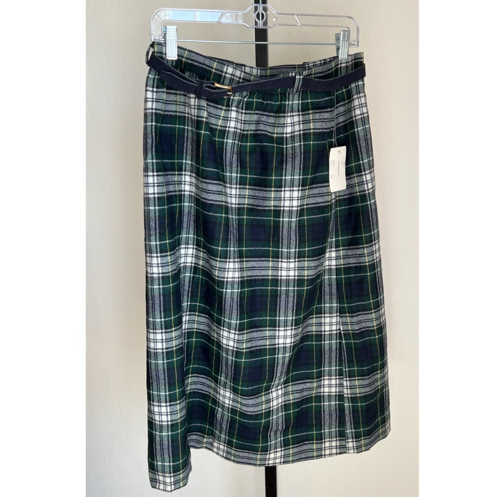 Vintage LL Bean Green Plaid Wool Belted Skirt Fall NEW SIZE 16